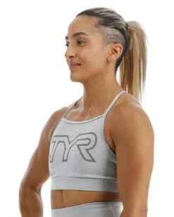 TYR Base Kinetic™ Women's High Neck Big Logo Sports Bra - Heather -TYR Sales Store FGHSHL3A 254 alt03